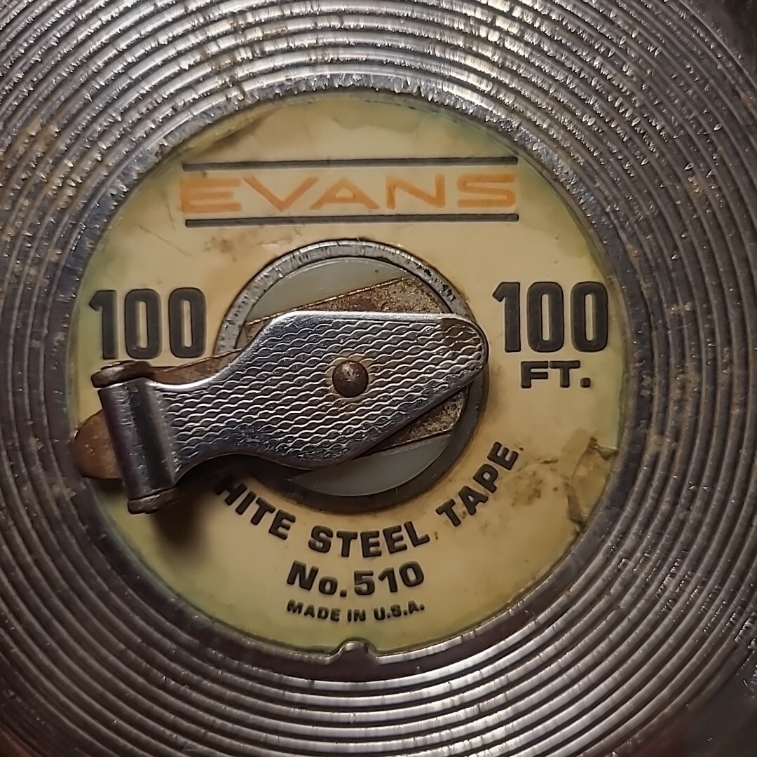 Vintage Evans 100 Foot White Steel Tape Measure No. 510 Manual Retract Made USA