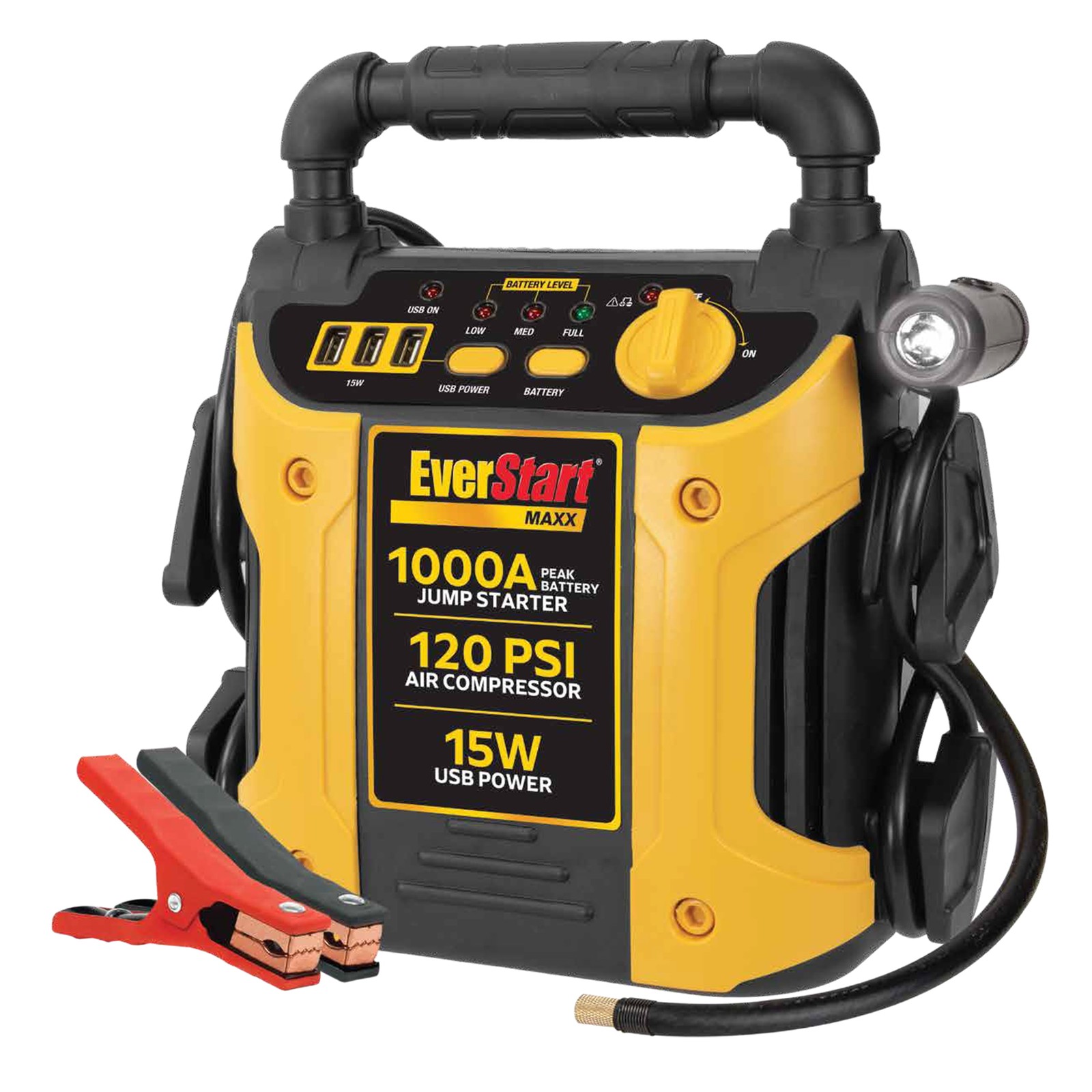 Car Jump Starter 1000 Amps 120 PSI Air Compressor LED Light USB Ports Compact