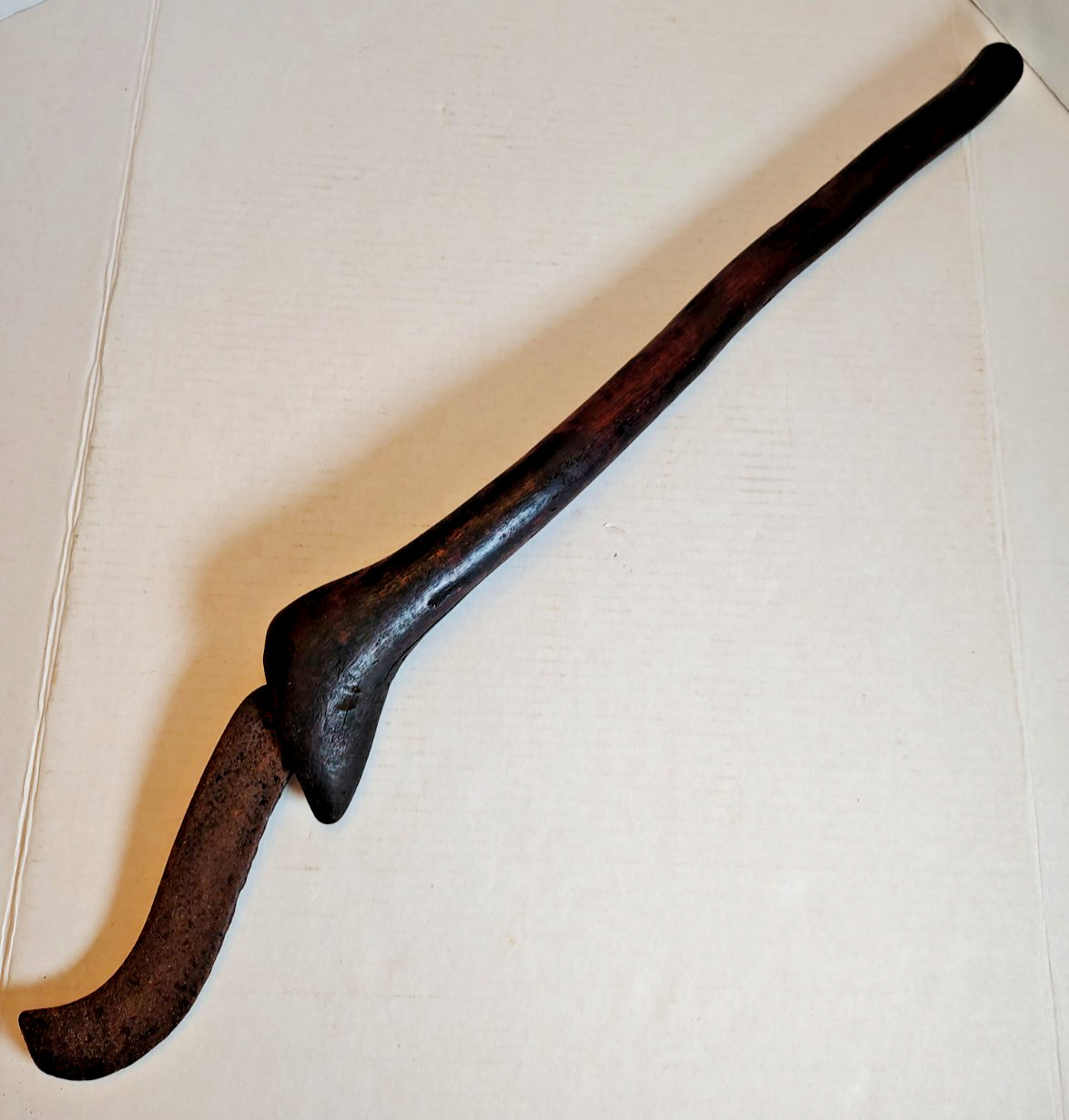 African Primitive Billhook Brush Knife Wood Handle Forged Blade Rustic 28″ Tool