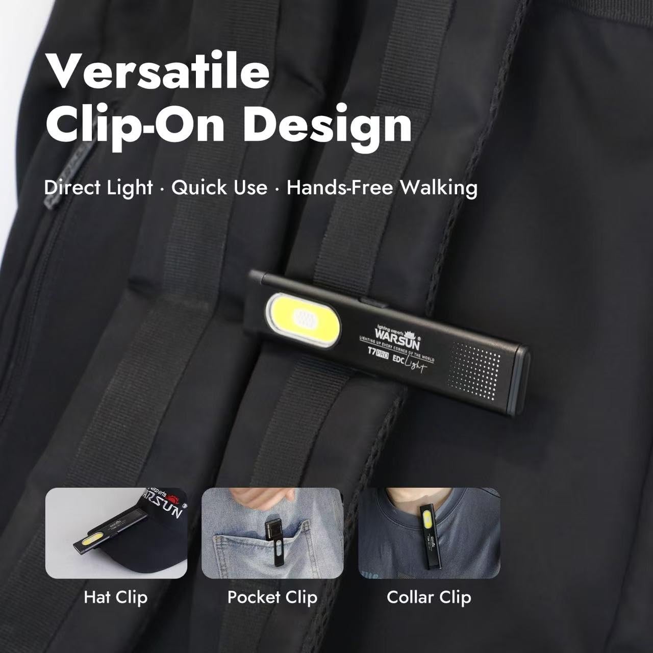 WARSUN T7 Flat Rechargeable Flashlight, Slim Pocket LED EDC Light Black-1Pcs