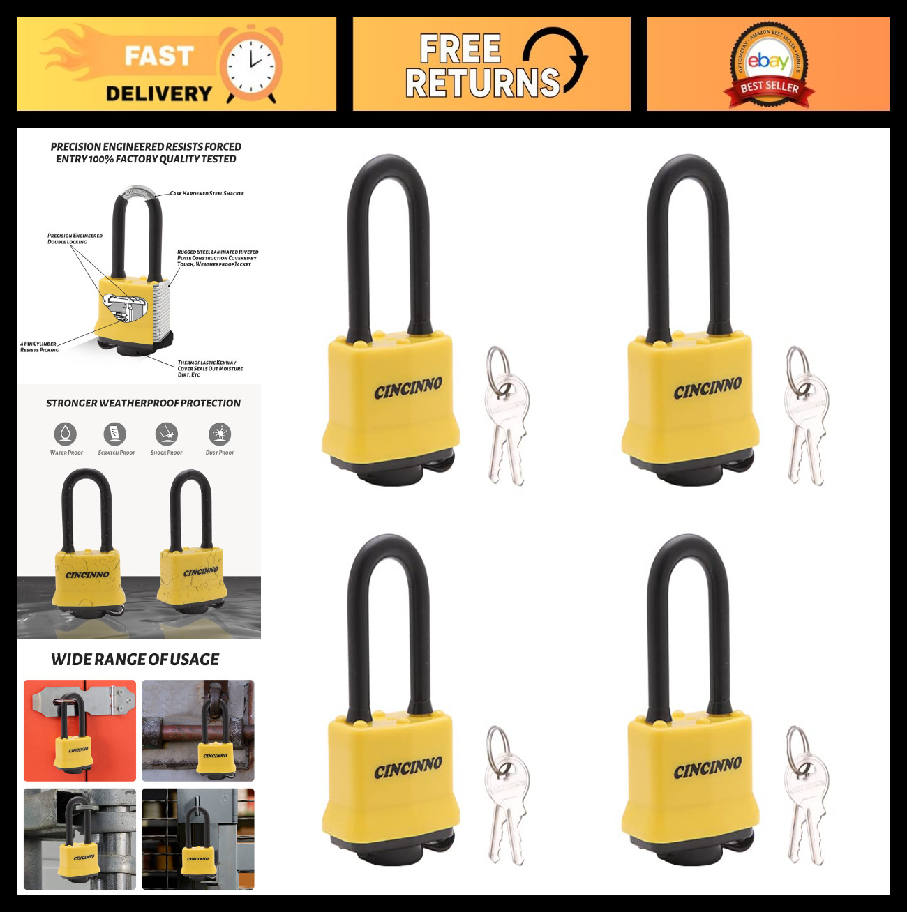 4 Pack Heavy Duty Weatherproof Laminated Steel Padlocks, Keyed Alike, Long Shack