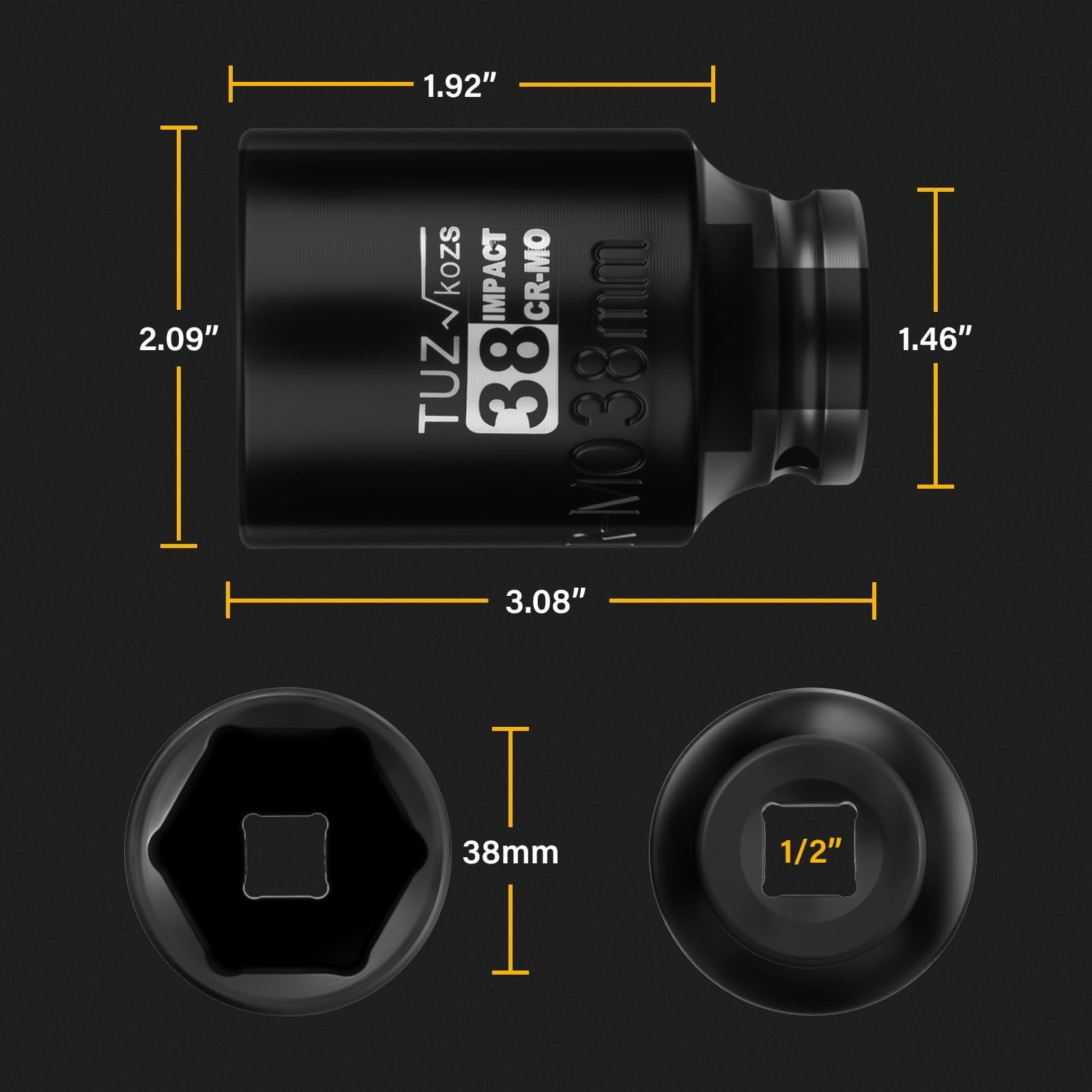 1/2 Inch Drive 38mm Deep Metric Impact Socket,CR-MO,6 Point Radius Corner Des…