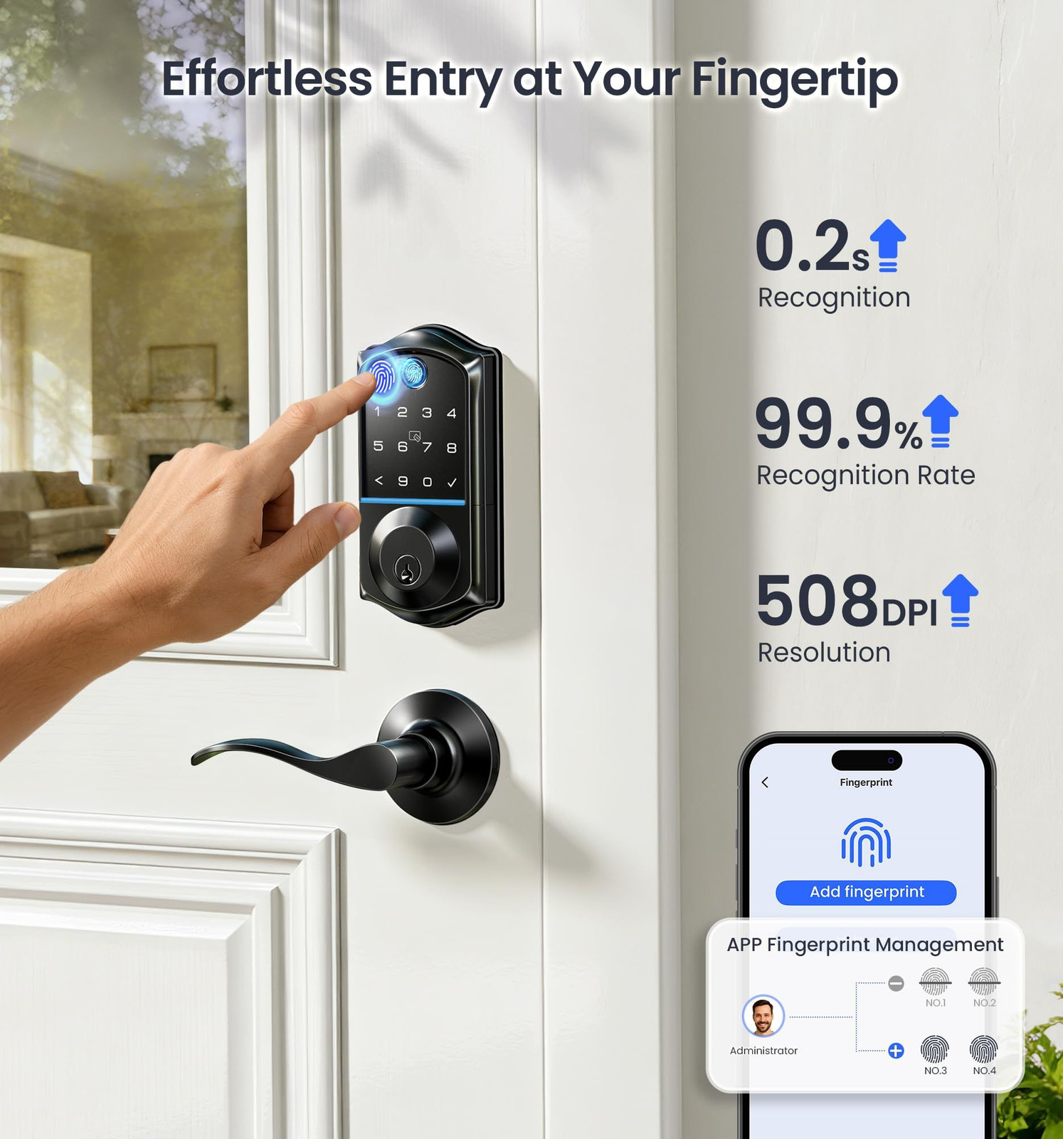 Veise VE017-L Fingerprint Smart Lock with Lever Handles, App Matte Black
