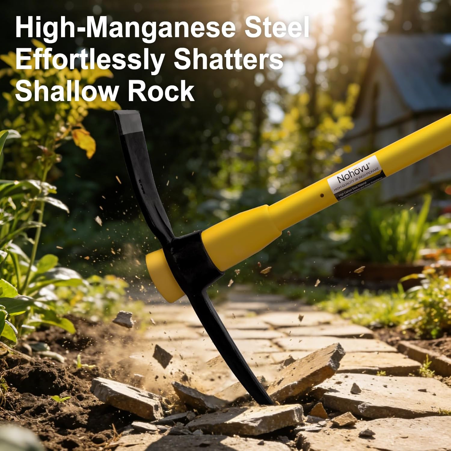 Pickaxe with Shock Absorbing Fiberglass Handle, Heavy Duty Forged Steel Pick Axe