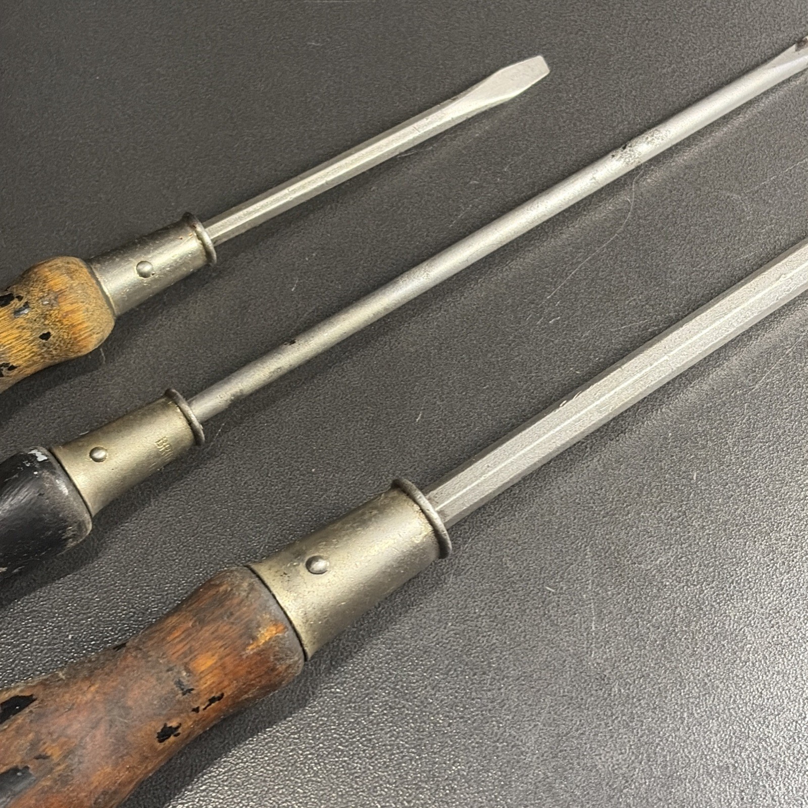 3 Vintage Wood Handle Bridgeport USA Slotted Screwdrivers 14.5”, 13”, 9” Long