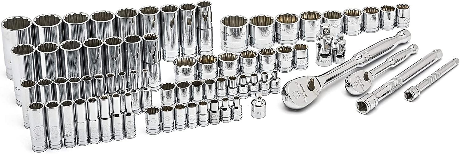 76 Pc. 1/4″ & 3/8″ Drive 12 Pt. Standard & Deep Mechanics Tool Set, SAE/Metric –