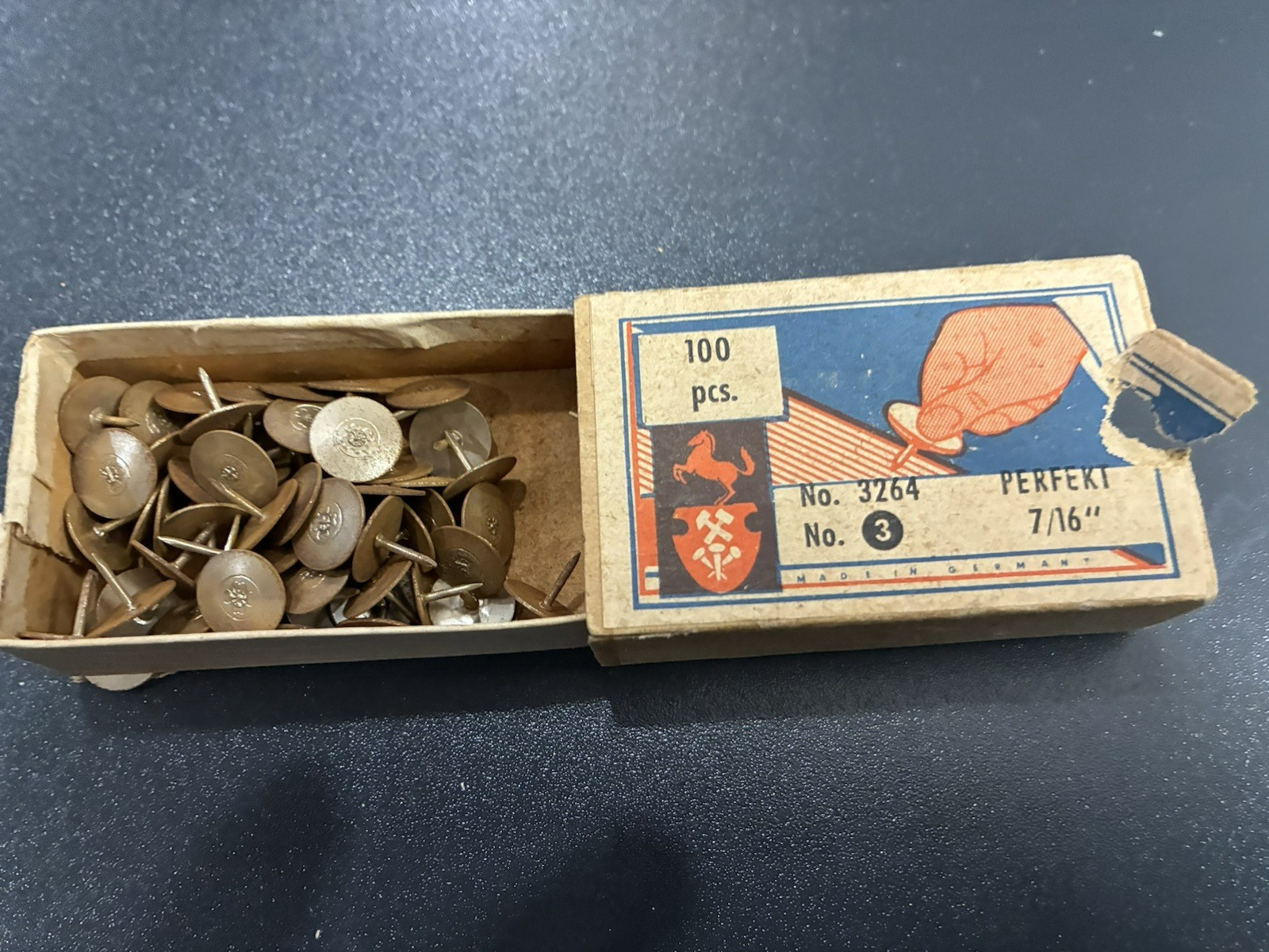 Vtg Pack of Metal Thumtacks, Made in Germany, No 3, No 3264, 7/16. Cardboard