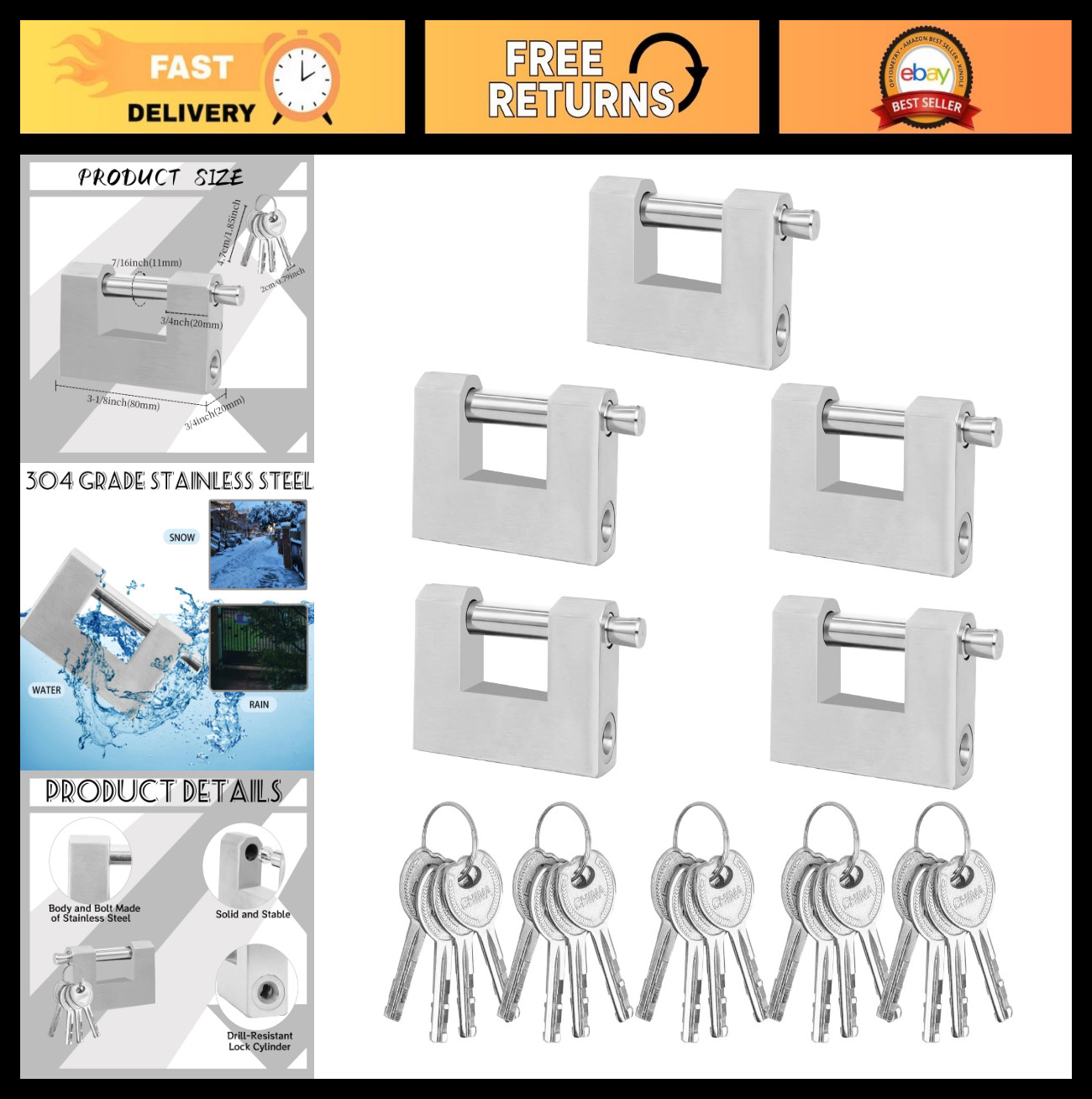 5 Pcs Heavy Duty Stainless Steel Padlocks with Keys – D Shaped for Garage, Motor