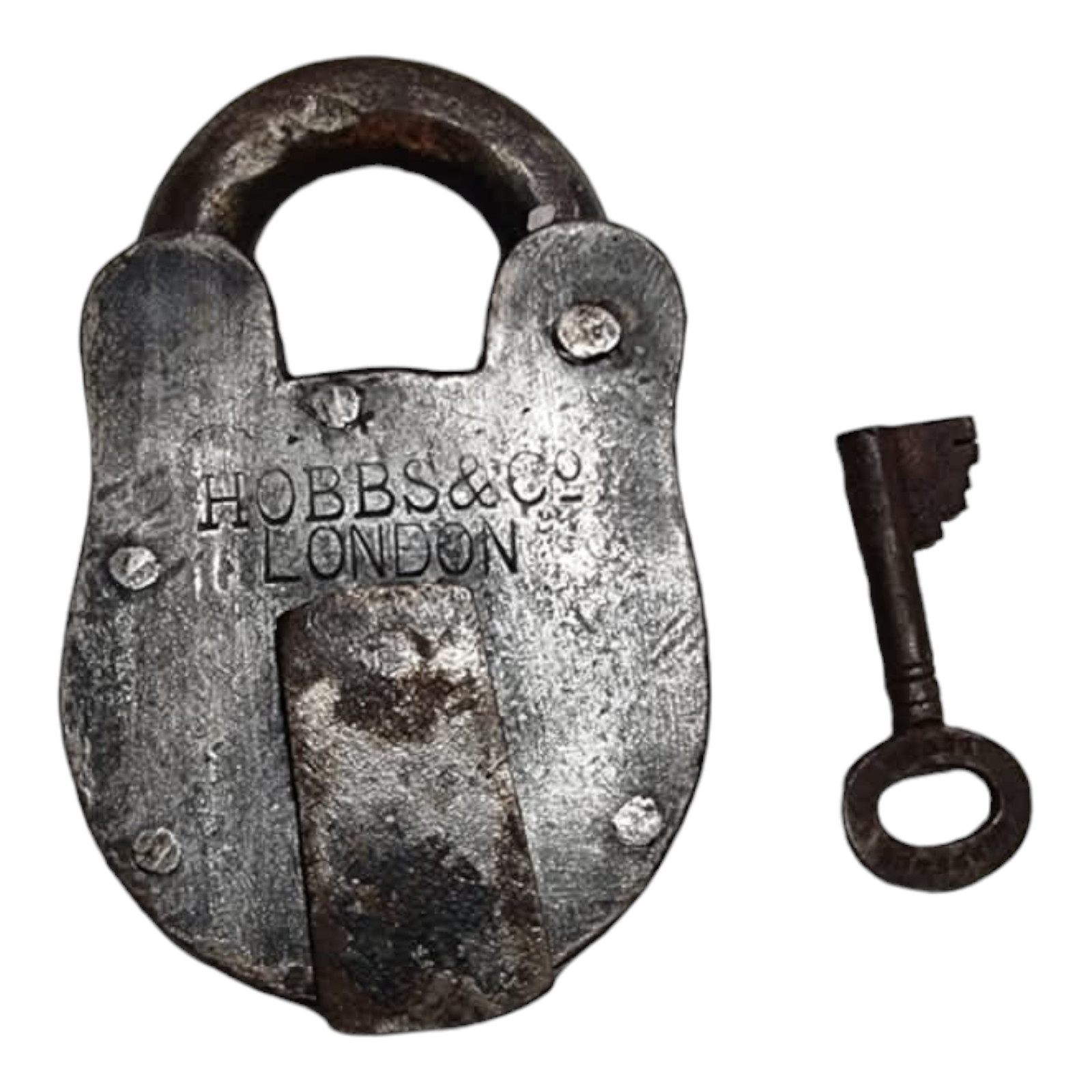 1900’s Vintage Old Antique Rare Hobbs & Co Engraved Iron Pad Lock, Key LONDON