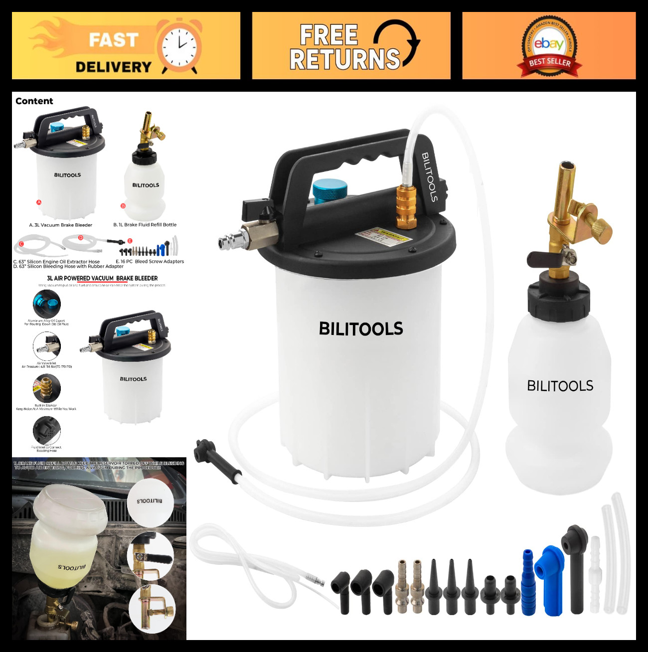3L Vacuum Brake Bleeder Kit – One-Person Brake Fluid Tool, Universal Pneumatic E
