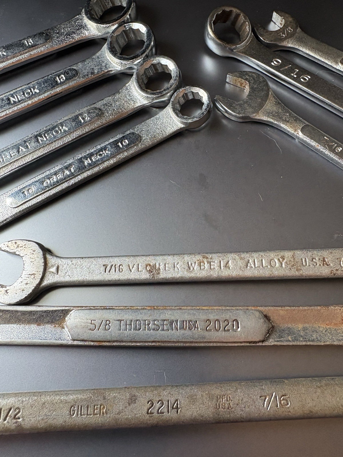 Lot of 10 Mixed Wrenches, Various Brands & Sizes: Craftsman, Thorsen, Great Neck