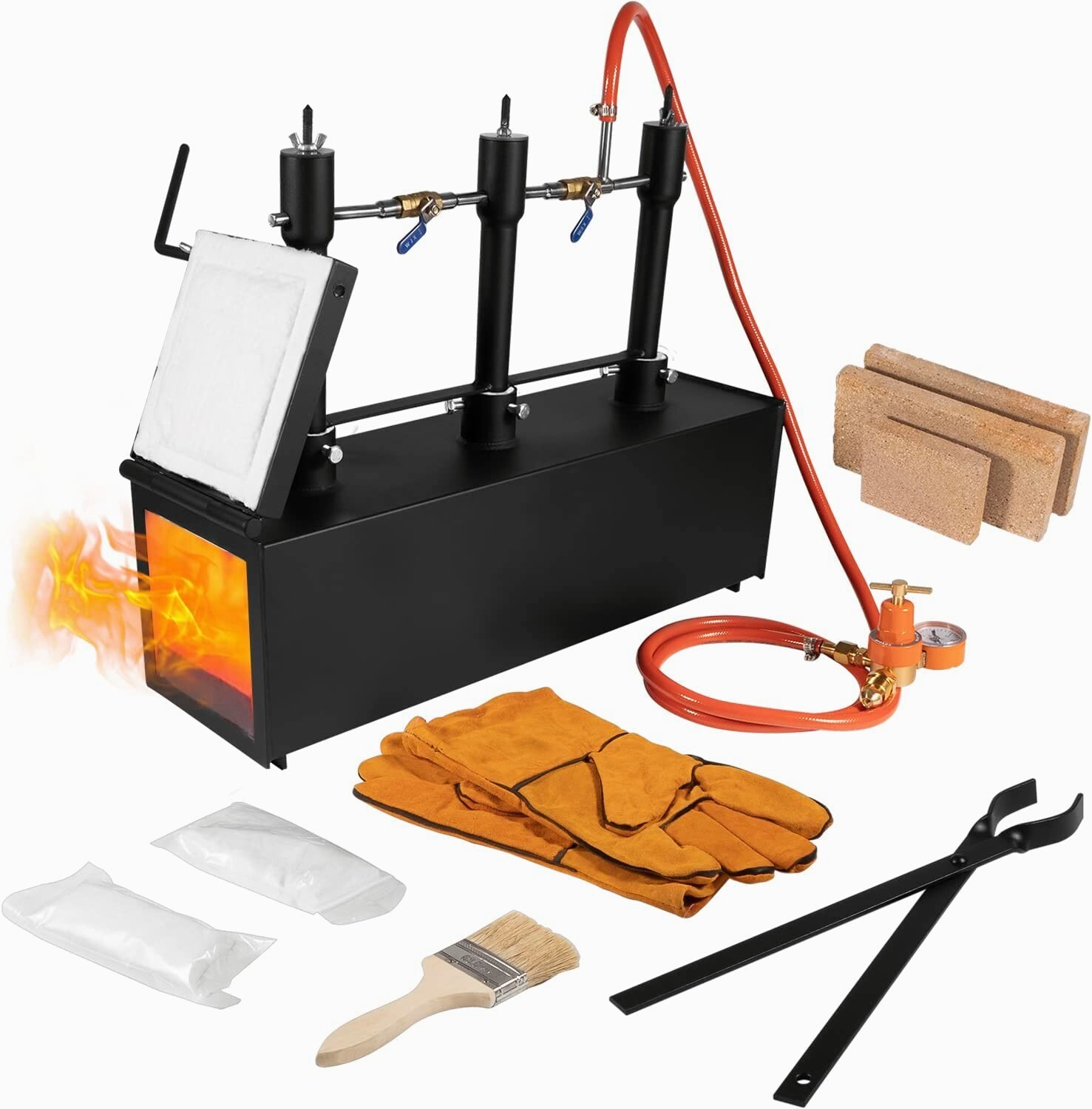 Propane Gas Forge Triple Burner Portable with One Door, Tongs & Welding Gloves