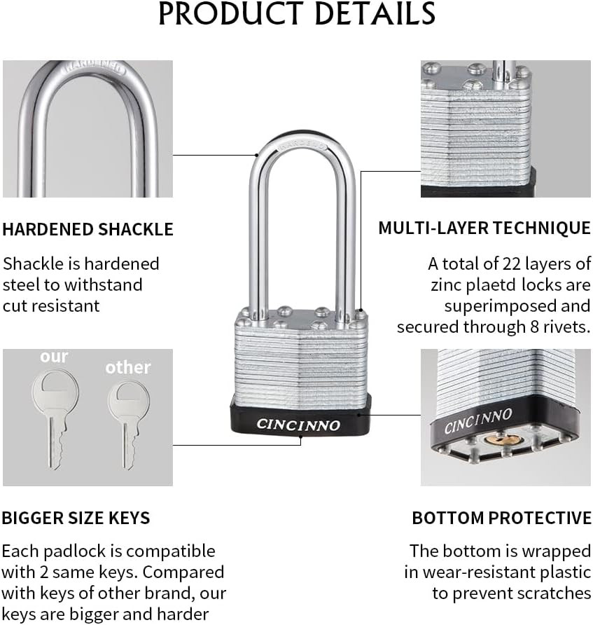 Laminated Steel Padlock with Key，6 Pack Keyed Alike Padlocks with Long Shackle