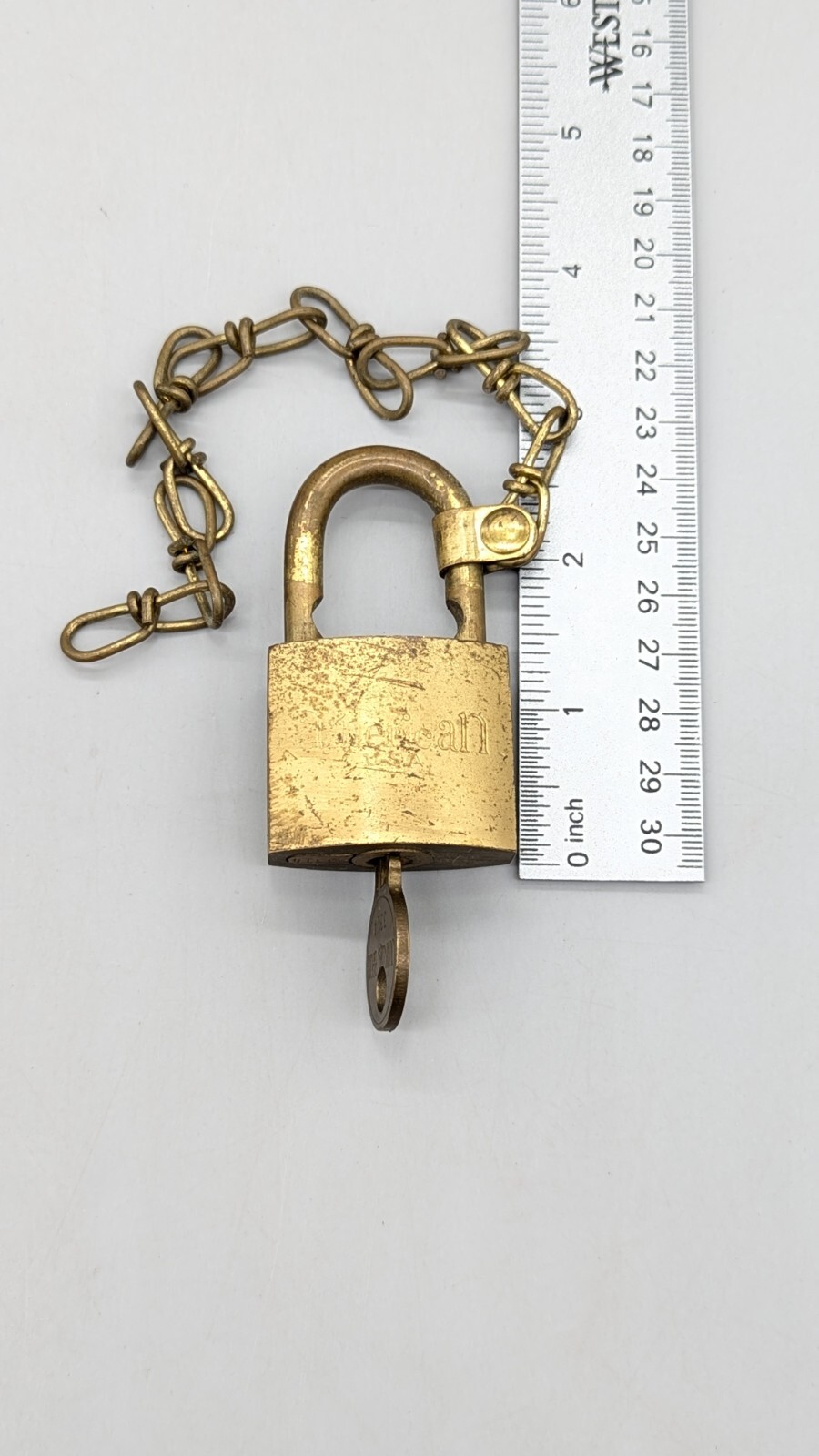 Vintage American Lock Company U.S. Military Brass Padlock Lock w/Key & Chain