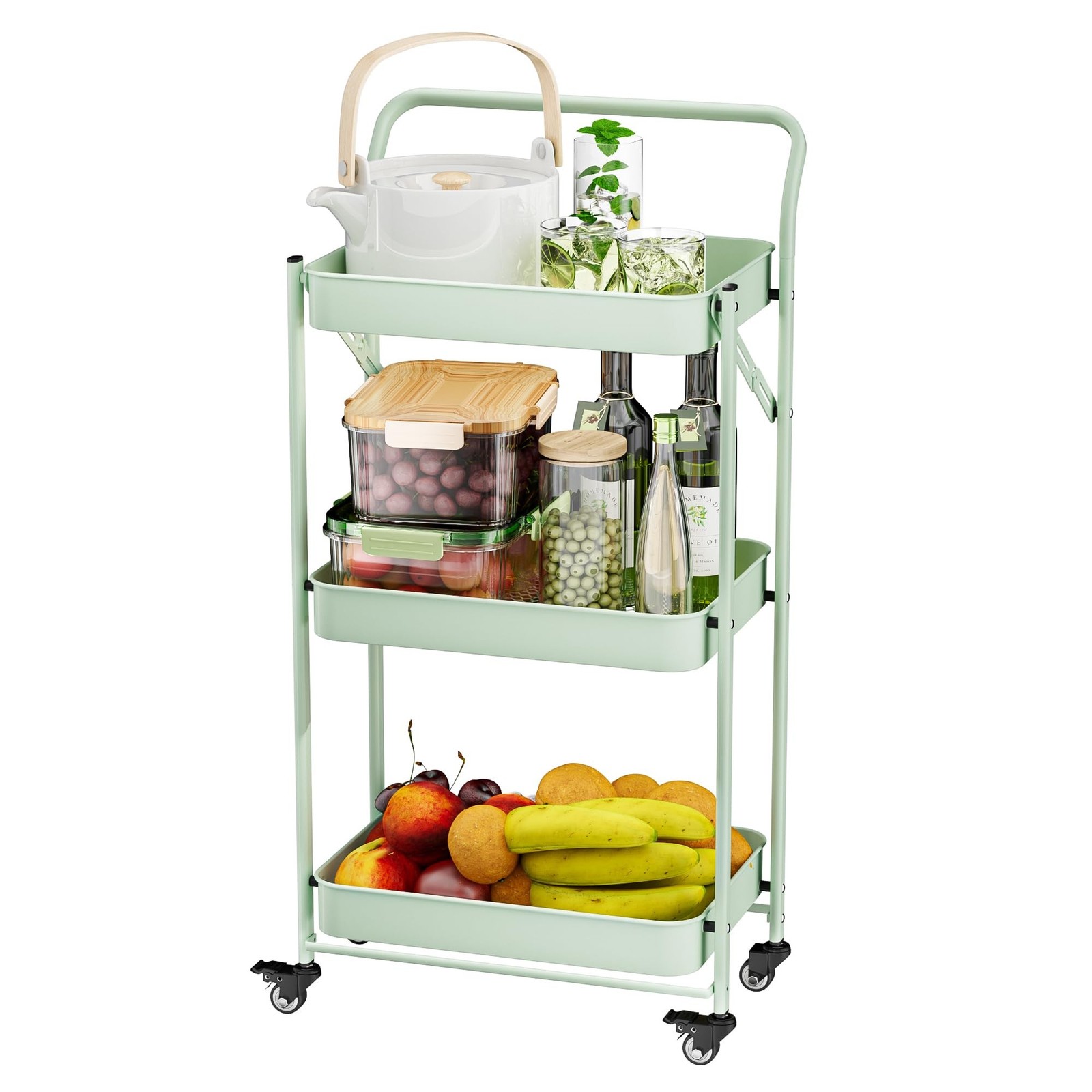 JAQ Foldable Rolling Cart, 3-Tier Metal Folding Storage Utility Carts Basket …