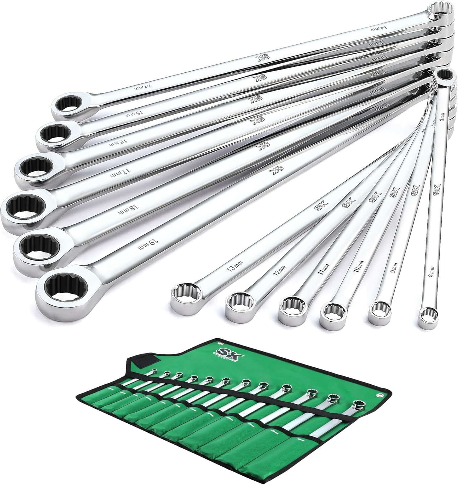 Extra Long Ratcheting Wrench Set, Double Box End Wrench Set, 12-Piece, Metric, 8
