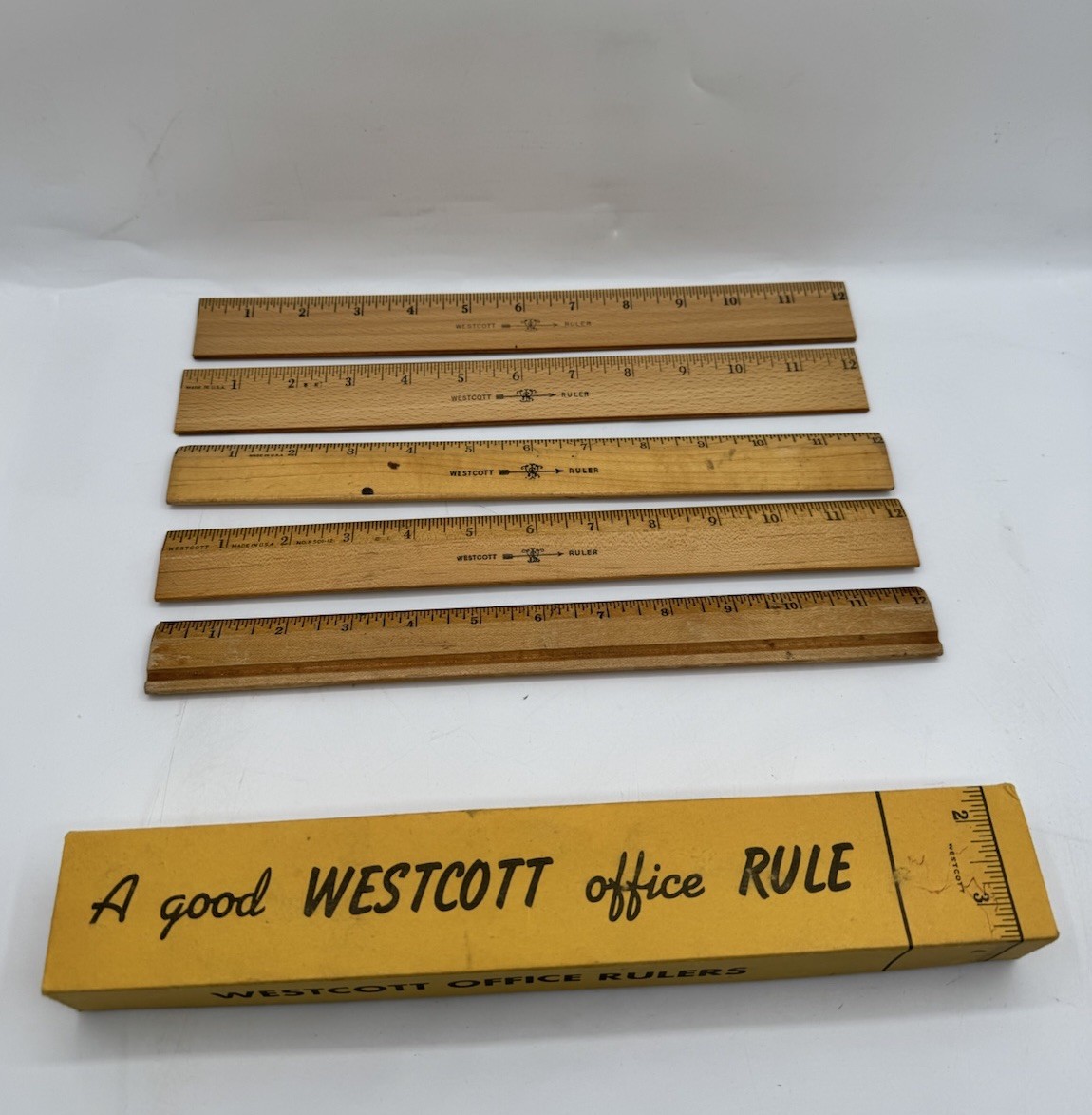 WESTCOTT Ruler Lot Of 5 Vintage Wooden Rulers 12″ (One Is Not Marked) With Box