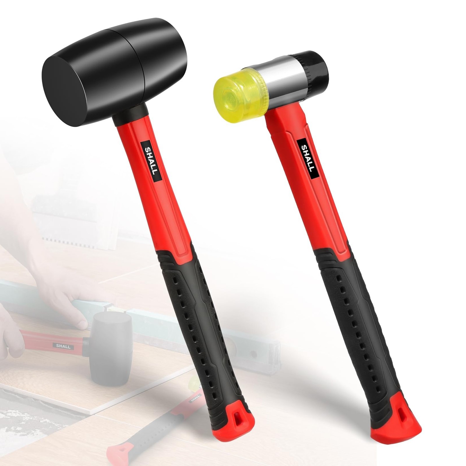 SHALL 2-Piece Rubber Mallet Hammer Set, 16oz Rubber Hammer Mallet & 40mm Doub…
