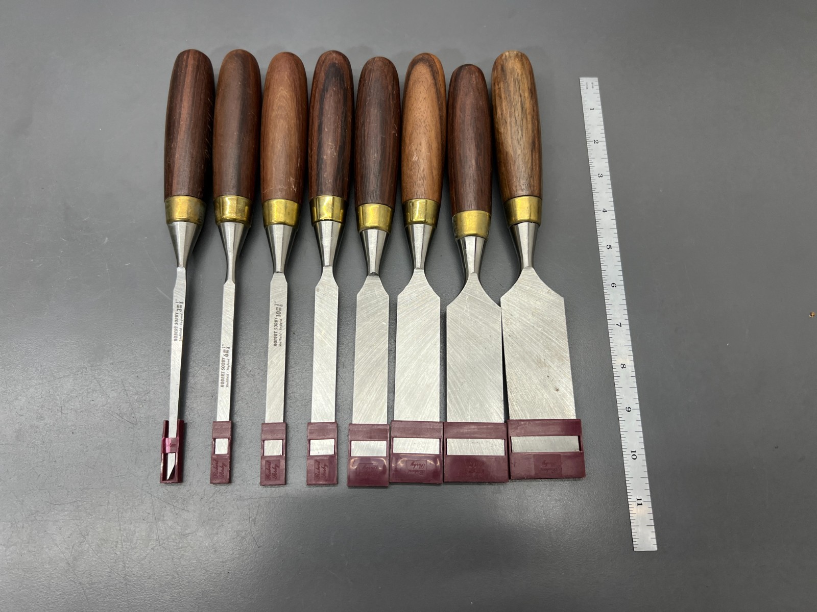 (v) ROBERT SORBY 8pc BEVEL EDGE CHISEL SET ROSEWOOD HANDLES – EXC COND – UK