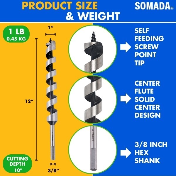 SOMADA 1-Inch x 12-Inch Auger Drill Bit for Wood, Hex Shank 3/8-Inch