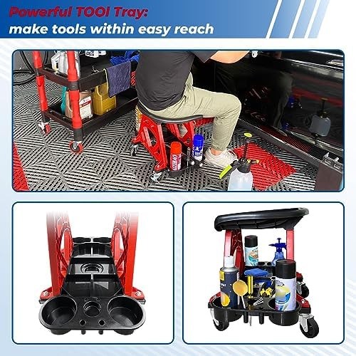 HOXWELL Durable Mechanic Seat with Wheels – Heavy Duty Rolling Stool Car Deta…