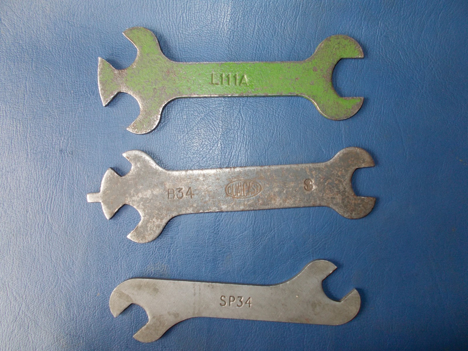 Set 3 VINTAGE QUALCAST LAWN MOWER MULTITOOL SPANNER WRENCHES B34, SP34 & L111A