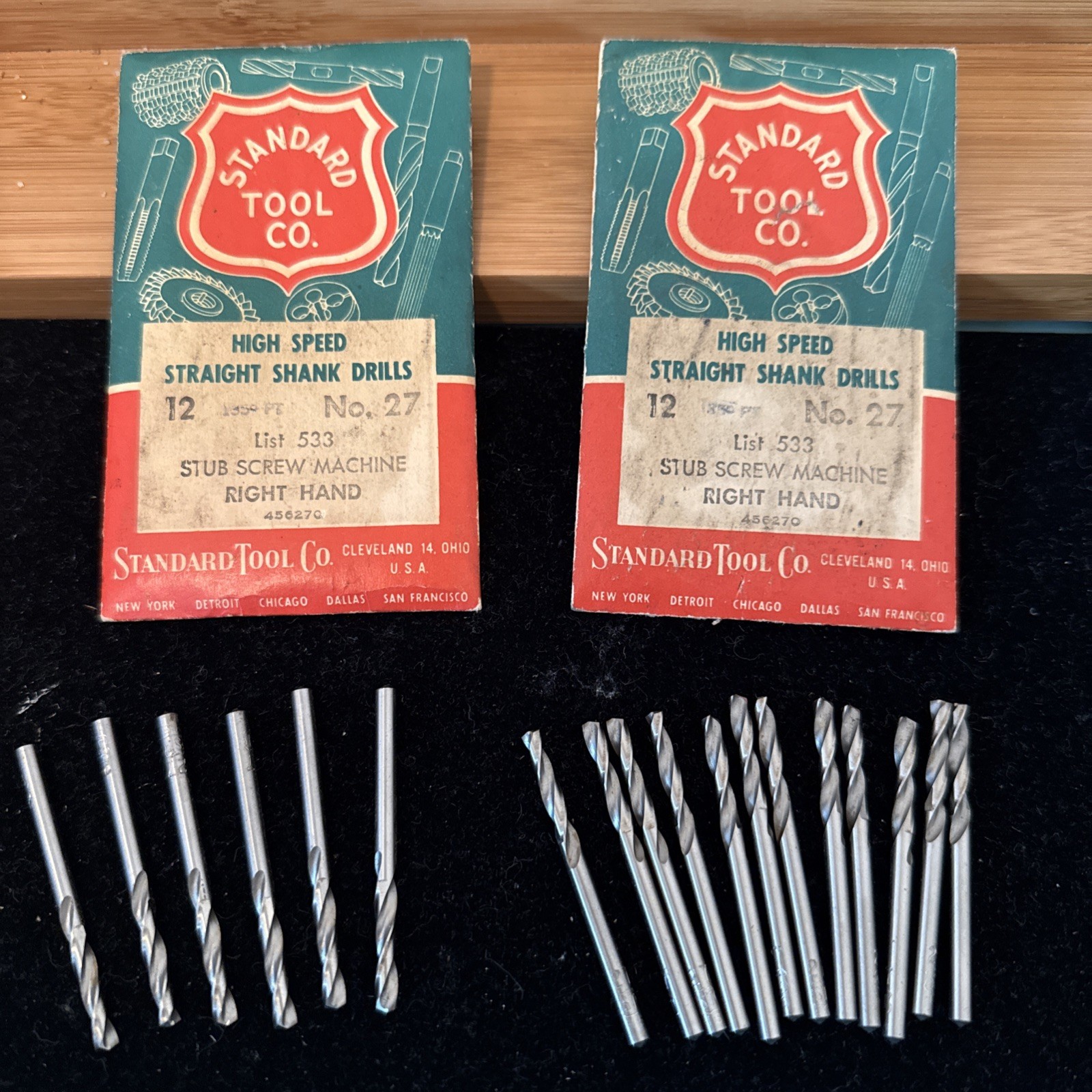 STANDARD TOOL CO. 18 HIGH SPEED STRAIGHT SHANK DRILLS SET NO.27 VINTAGE USA