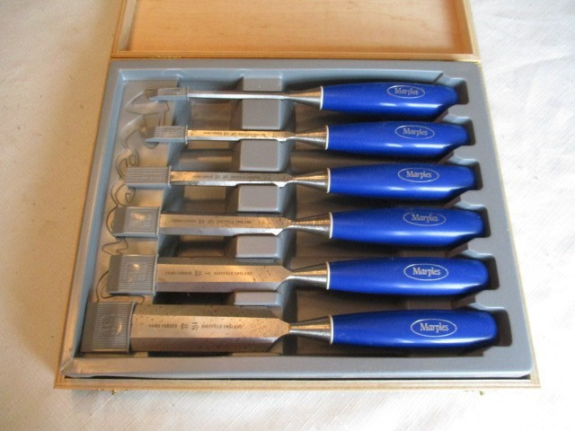 Vintage Set 6 Marples Wood Chisels In Wood Box