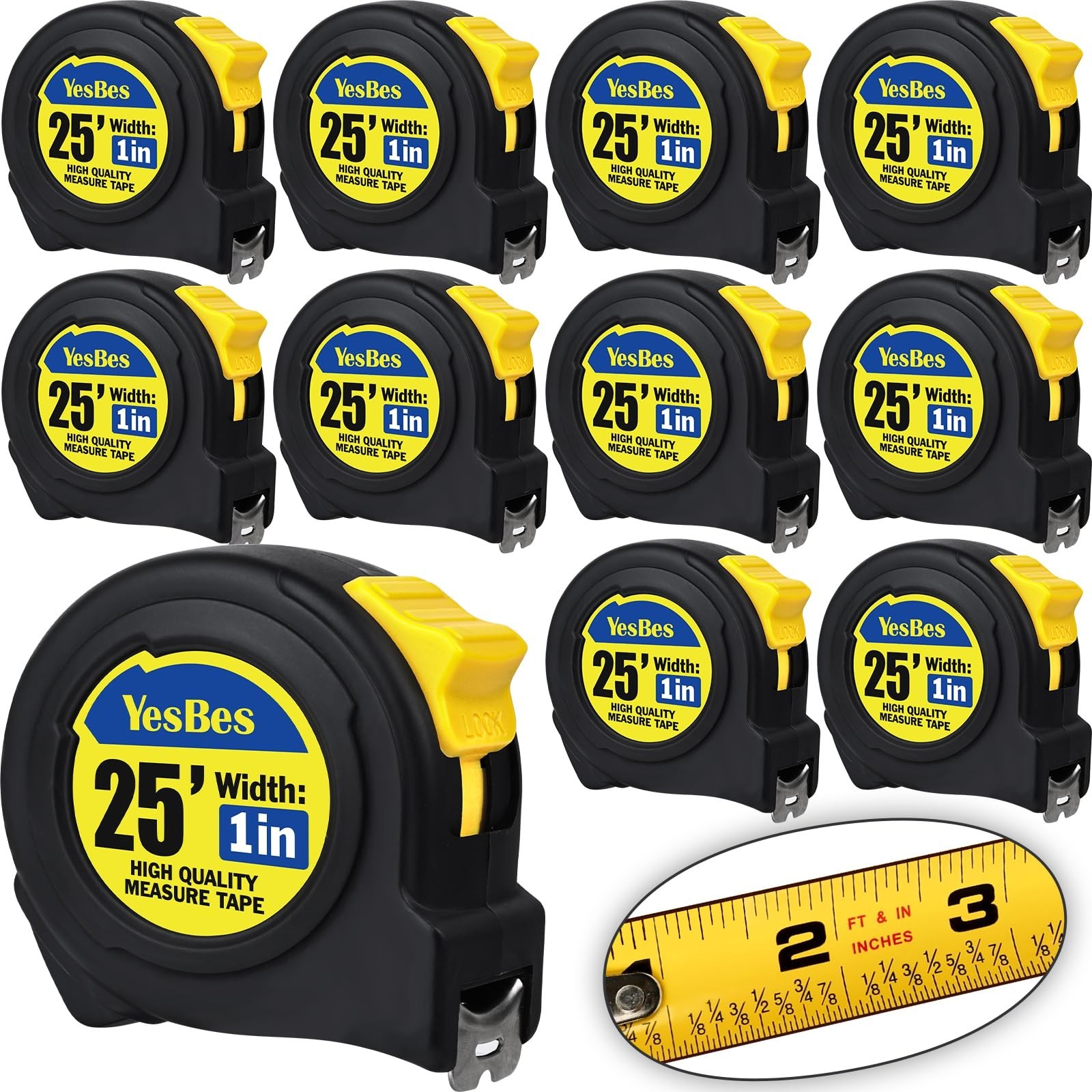 10 Pack Bulk Tape Measure 25 FT with Fractions 1/8, Easy Read Retractable Mea…