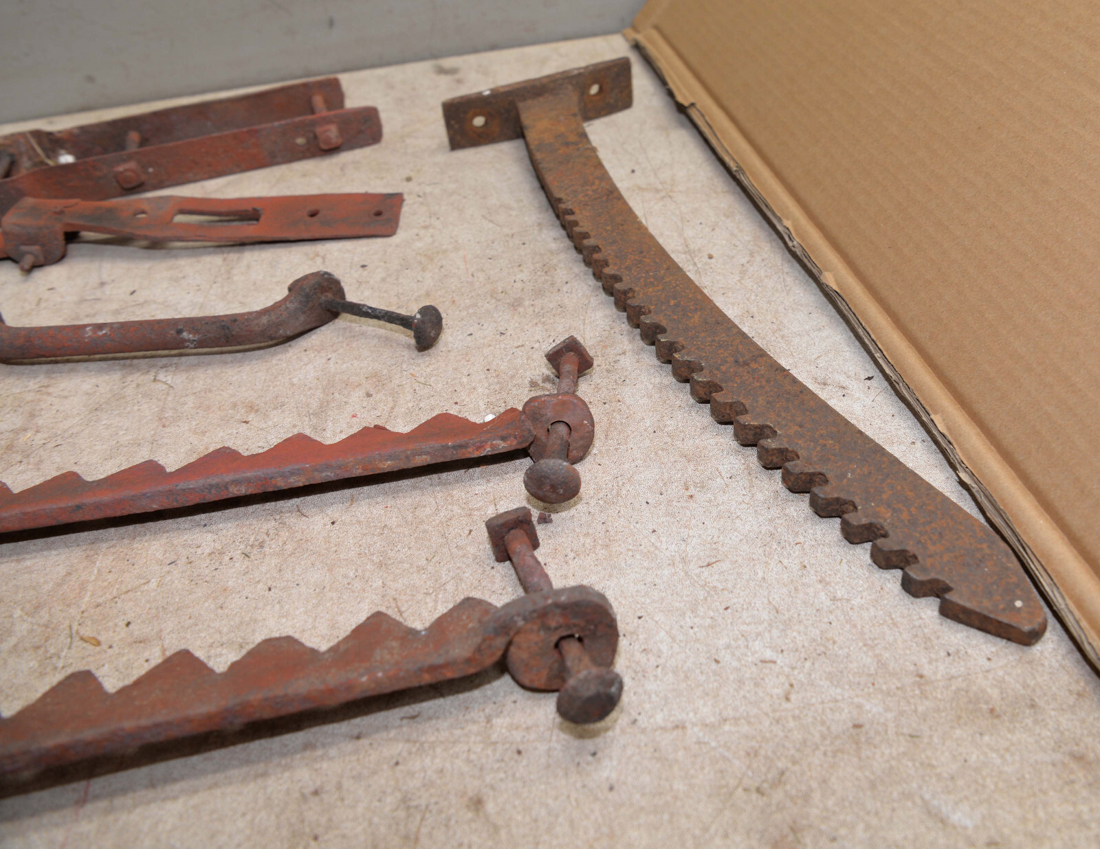 Antique blacksmith forged saw mill parts adjustable log holders hardware tools