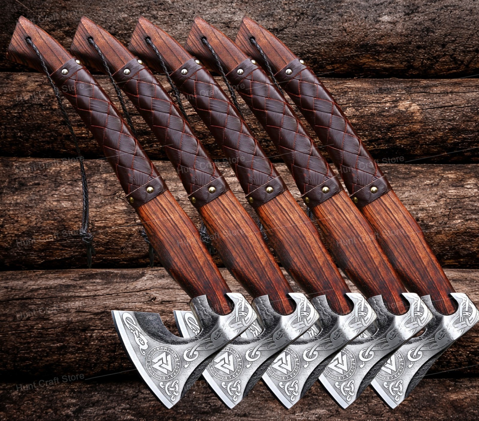 Set Of 5 Lot, Hand Forged Viking Bearded Axe Hatchet with Ash wood Handle