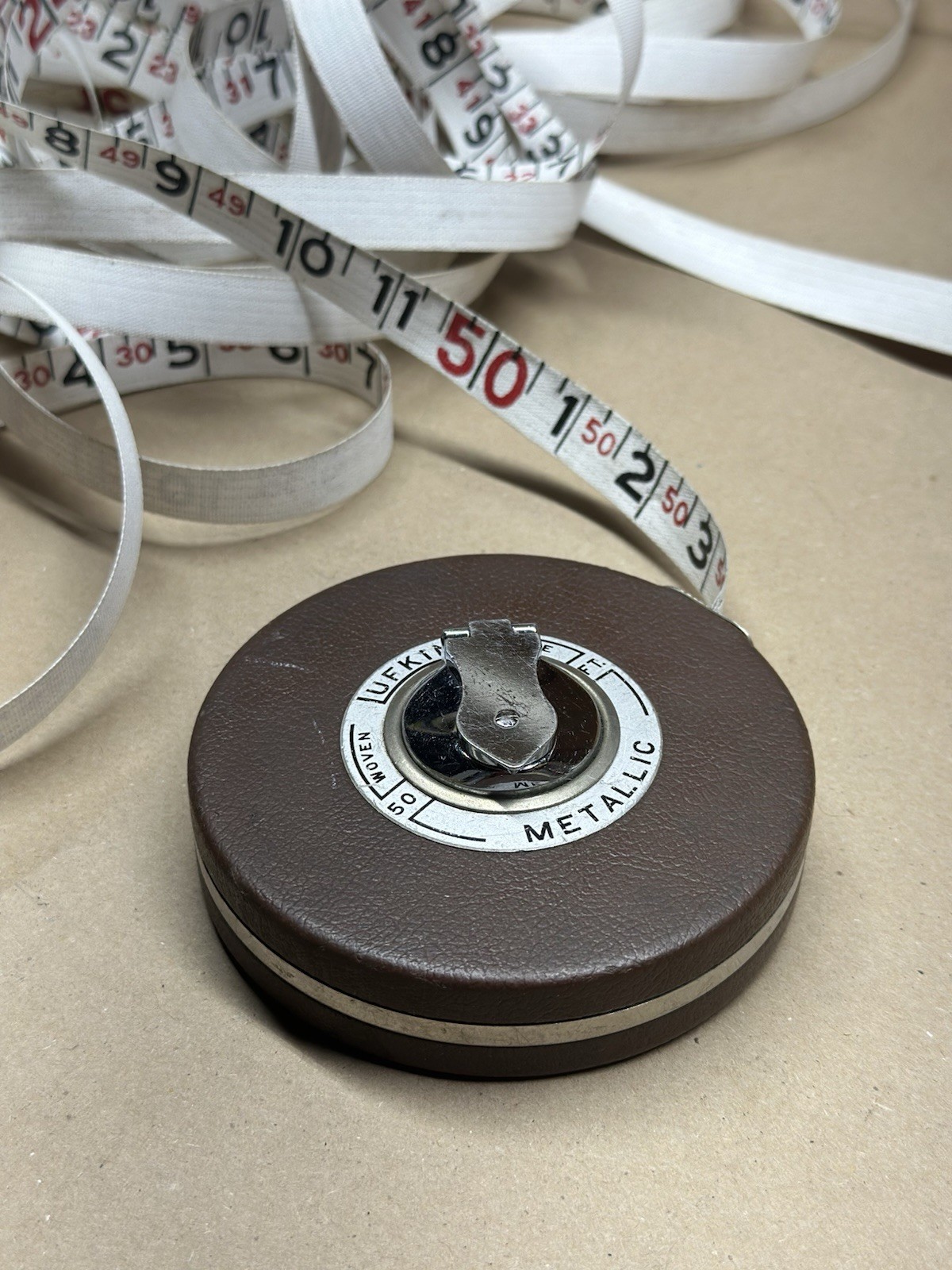 Vintage Lufkin Rule Co. 50ft Woven Metallic Tape Measure Excellent Condition USA