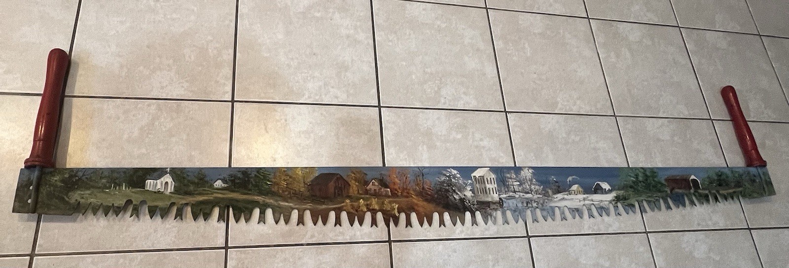 6 Foot Hand Painted 2 Man 2 Handle Crosscut Saw Signed By Artist ~Four Seasons
