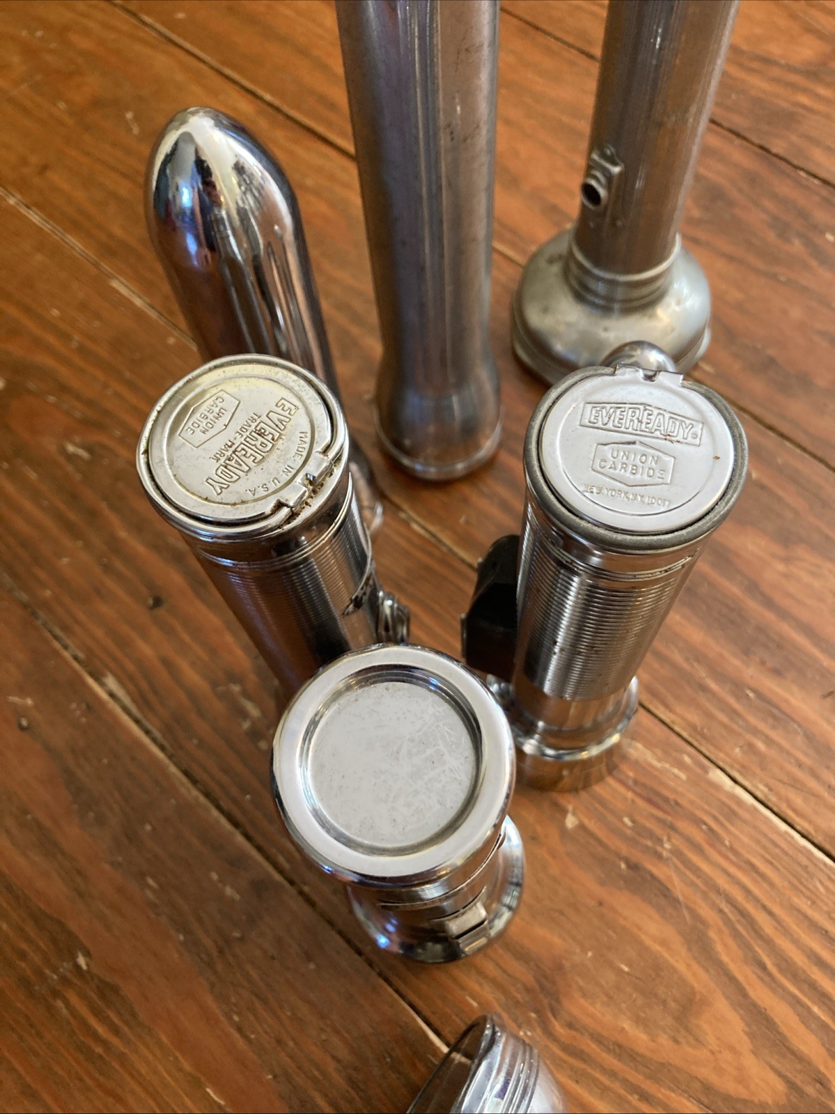 Lot of 8 Vintage Chrome Flashlight Lot Rayovac Homart Lightmaster More Bullet