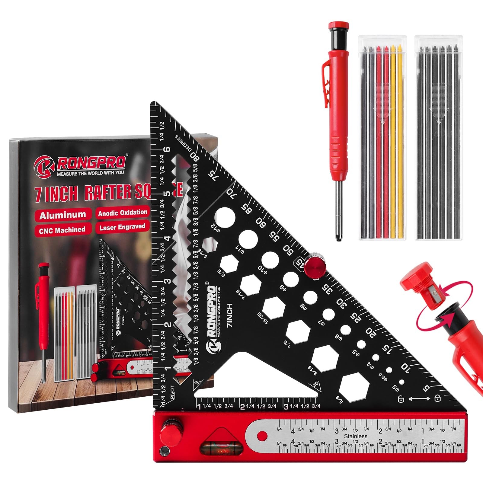 8 in 1 Rafter Square with Carpenter Pencil, 7inch pencil, Black