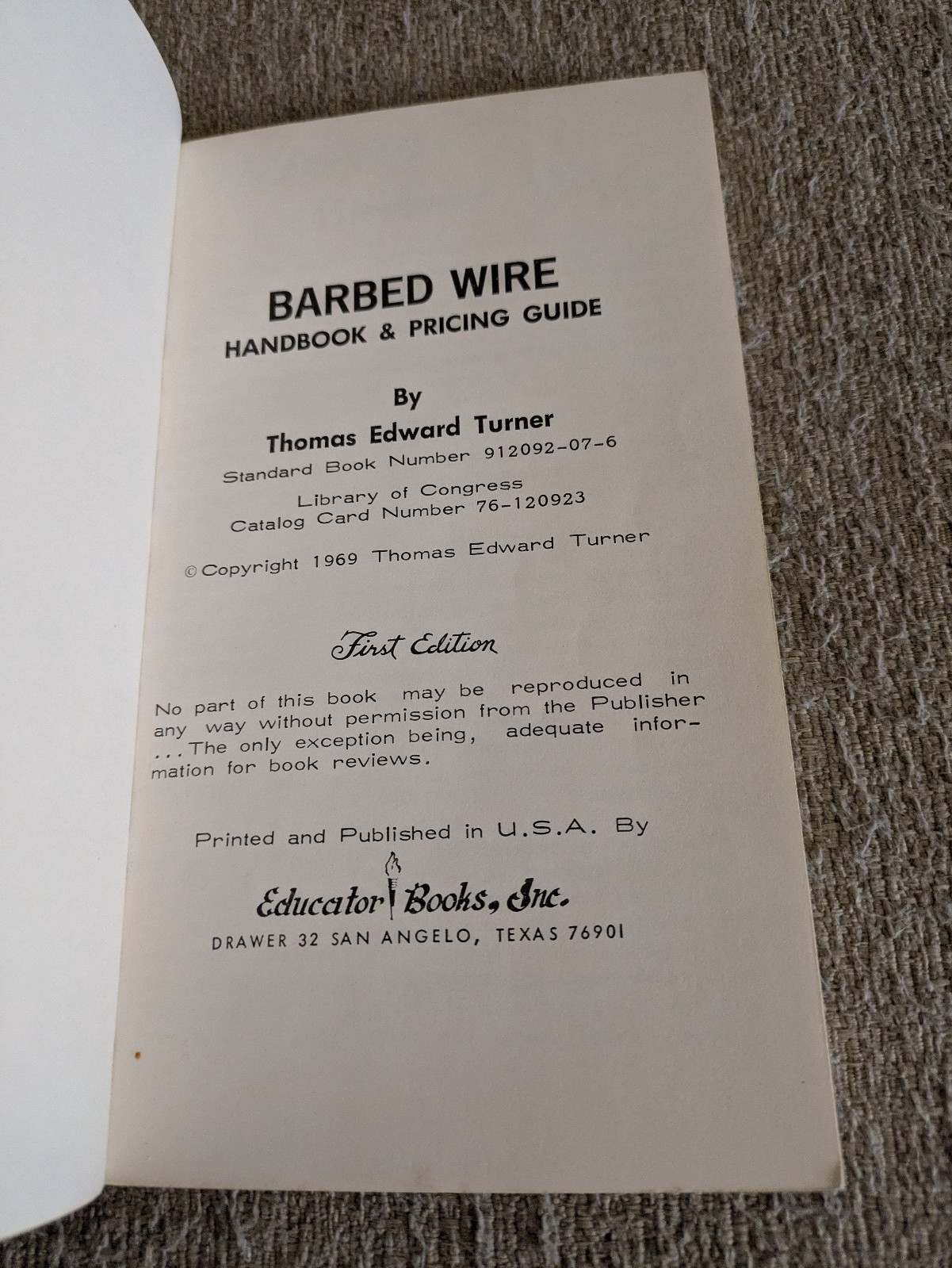 Barbed Wire Handbook & Pricing Guide | Thomas Edward Turner | 1969 Paperback