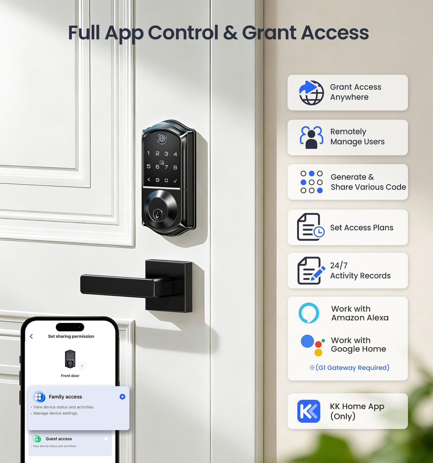 Veise VE017 Fingerprint Smart Door Lock, App Control, 8-in-1 ‎Matte Black