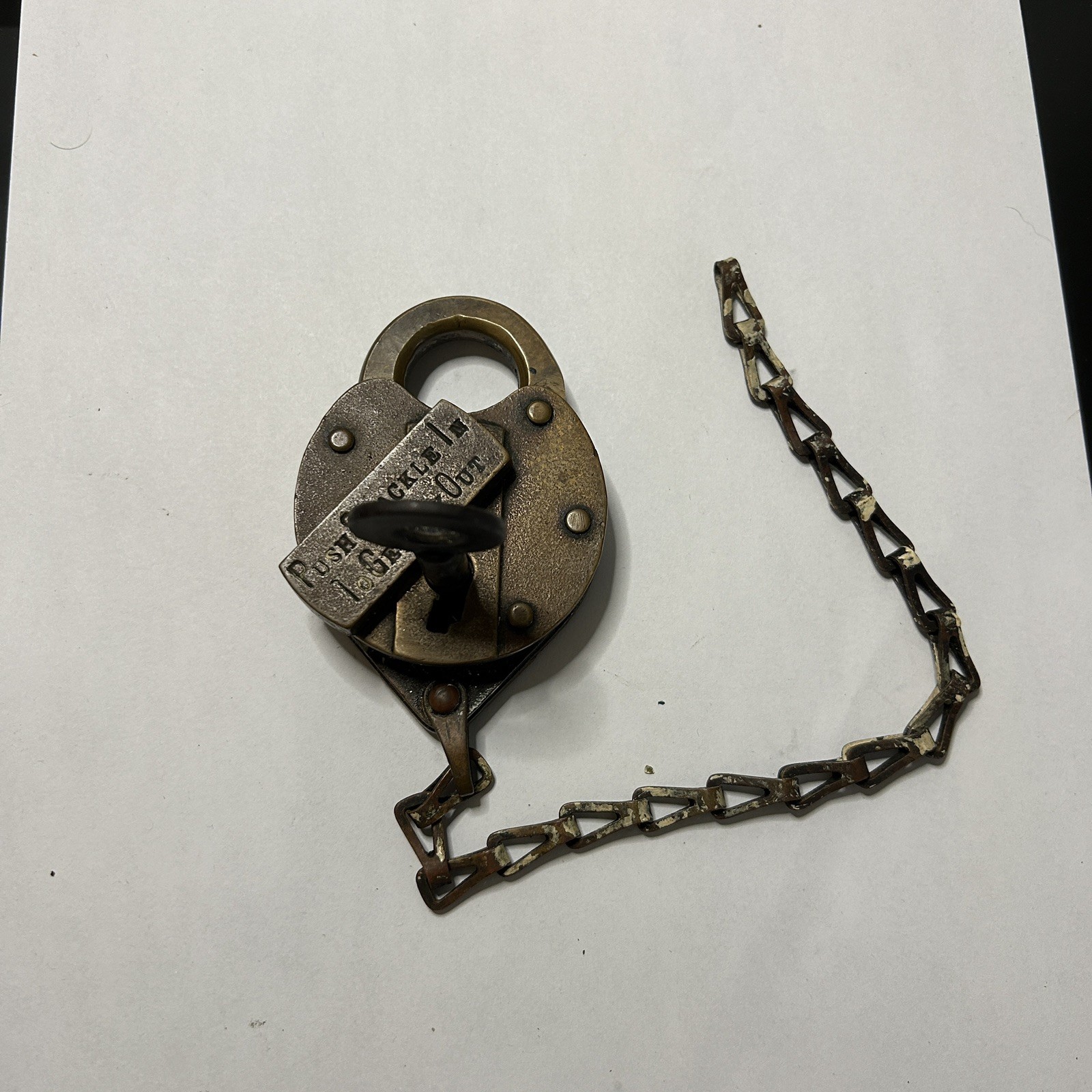 Antique 1897 Padlock w. Key & Chain NY Telephone Co NICE