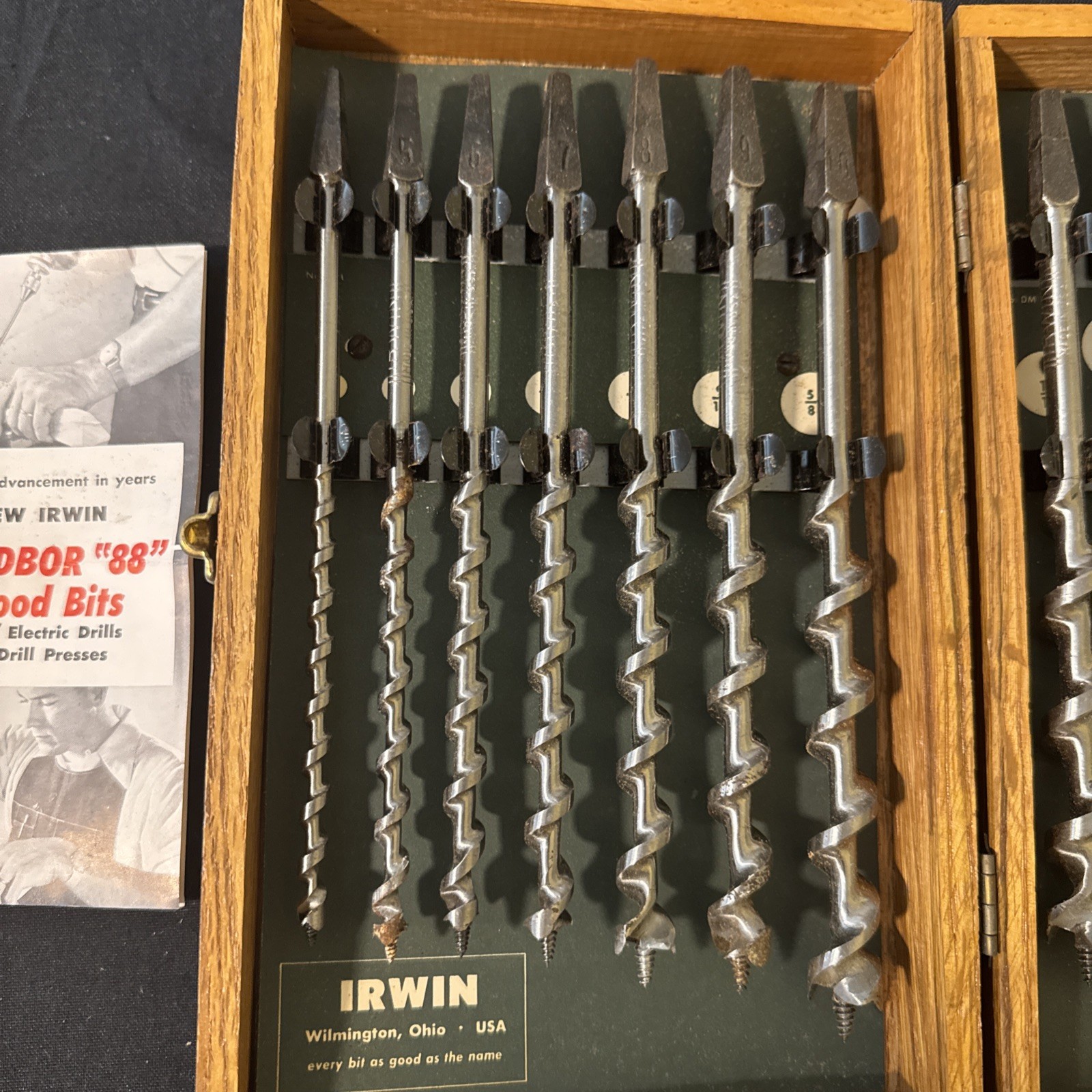 Vintage Irwin Wood Auger Drill, Brace Bit Set, 13 Pc w/Original Oak Case