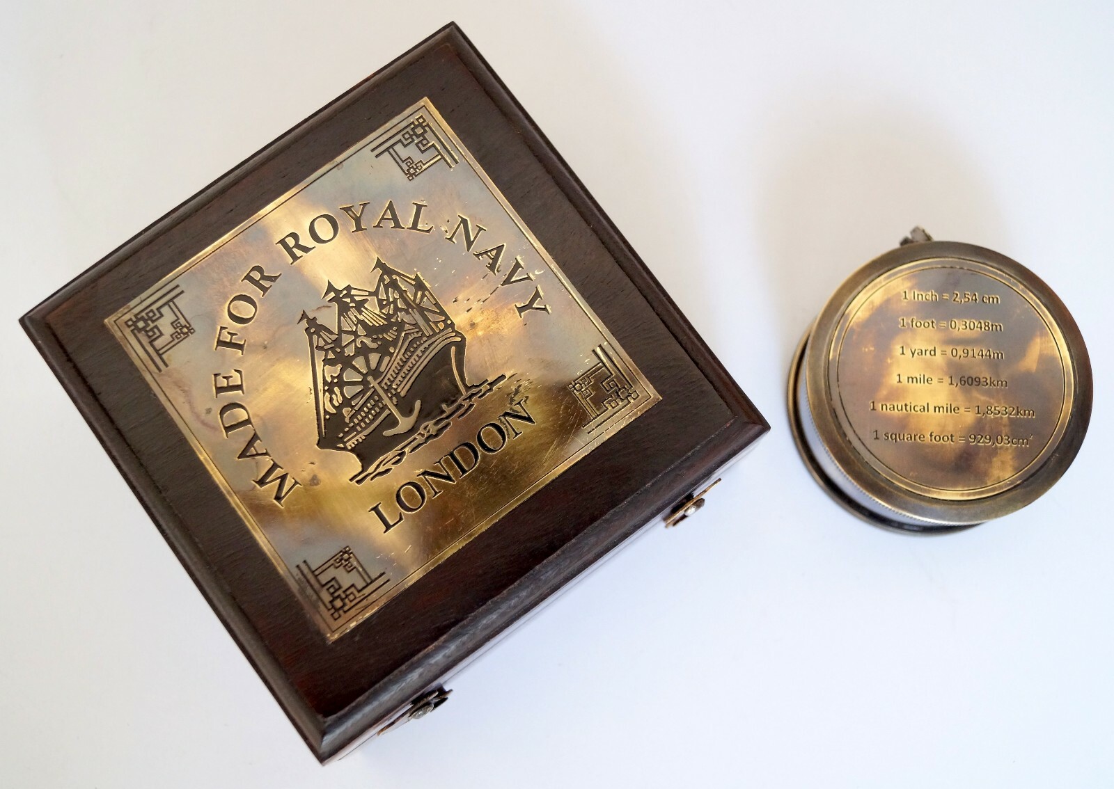 Antique brass vintage measuring inch tape desktop item with rosewood wooden box