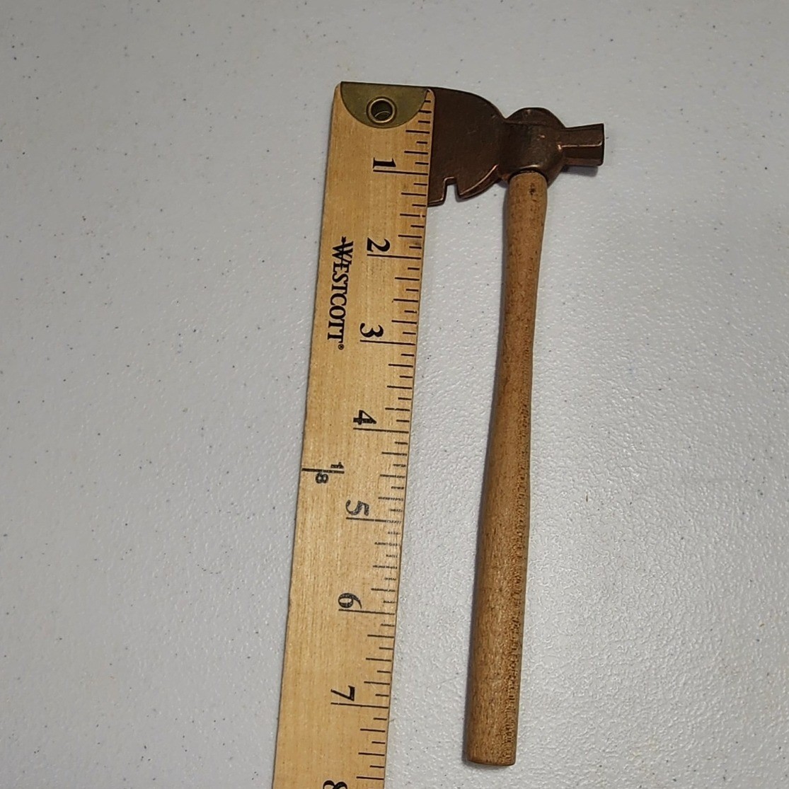 Vintage Miniature Hatchet Hammer Tool Copper Tone Metal Wood Handle 6.5 Inch