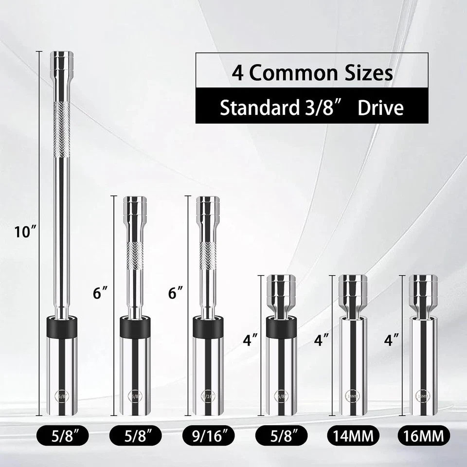 6-Piece Spark Plug Socket Set, 3/8-Inch Drive Magnetic Swivel, Thin-wall Sockets