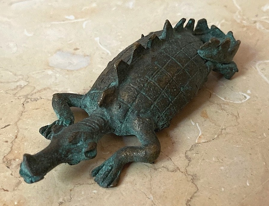 RARE! MUSEUM QUALITY ANTIQUE ASHANTI SOLID BRASS CROCODILE GOLDWEIGHT 3 1/2″