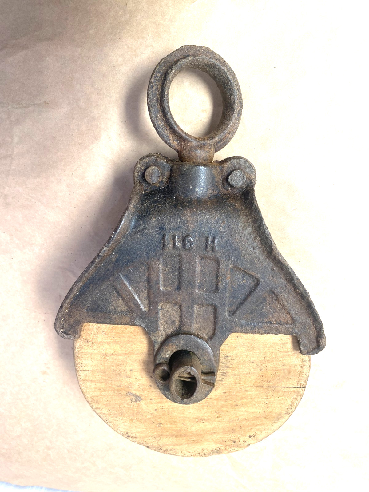 Vintage Antique Cast Iron Pulley – Signed Myers H310 – 6 Inch Wooden Wheel