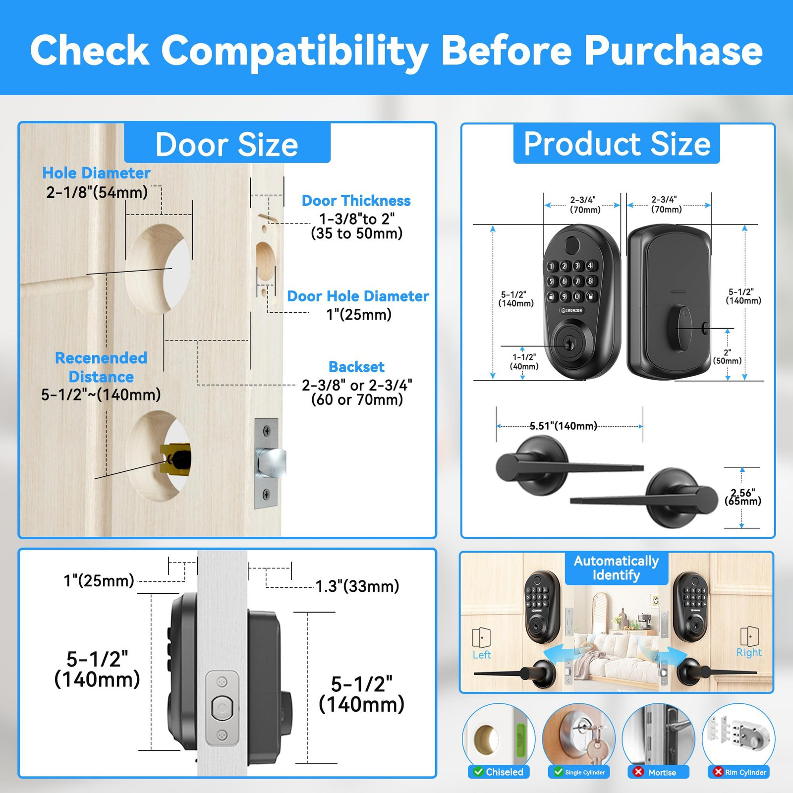IRONZON Keyless Entry Door Lock,5-in-1 Smart Lock for Front Black1