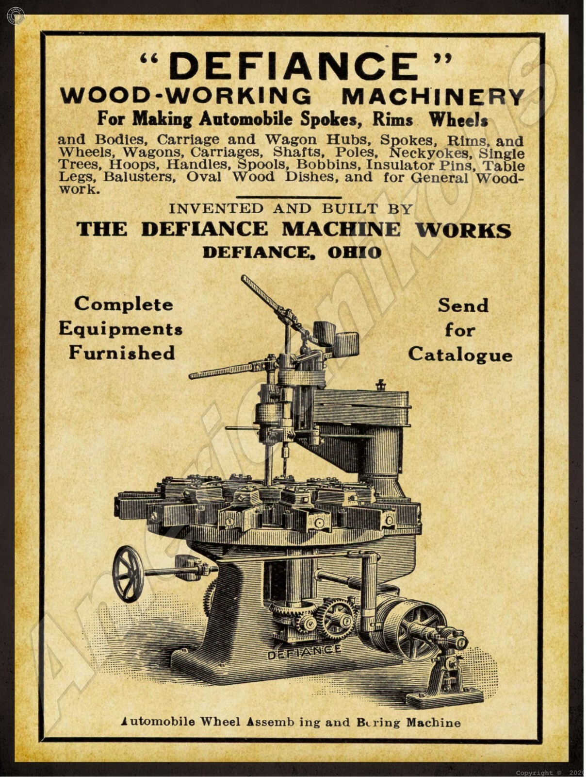 1911 Defiance Ohio Machine Works NEW Metal Sign 24″x30″ USA STEEL XL Size 7 lb