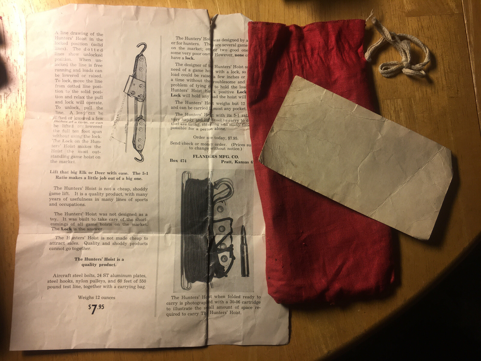 Vintage Hunter’s Hoist flanders mfg co Owners Manual Draw String Bag Red