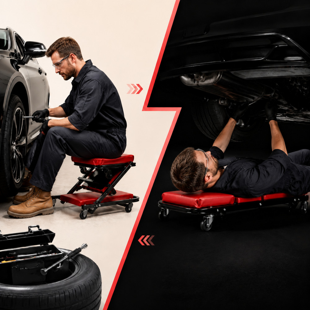 Heavy Duty Z-Shaped Rolling Mechanic Seat, Adjustable Padded Wheel Stool