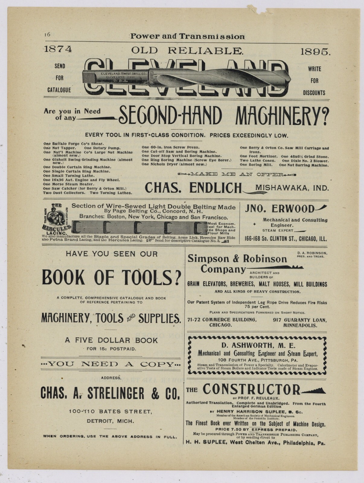 1895 Cleveland Twist Drill Co. Ad: “The Old Reliable” 1874-1895 – Cleveland OhiO