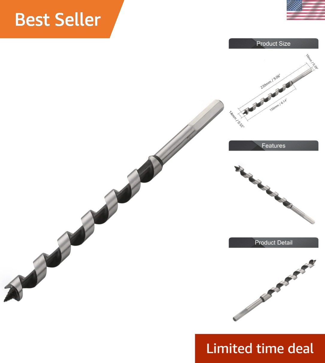 High-Speed Steel Auger Drill Bit 14x230mm for Effortless Woodworking Projects